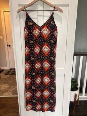 Zara Navy Aztec-Print Midi Slip Dress with Red and Orange Accents